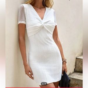 SHEIN white twist front contrast mesh sleeve bodycon dress